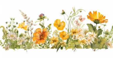 Pressed boho cottagecore floral clipart Peony, ranunculus, sunflower and verbena floral border wildflowers with green foliages floral nature garden border, clipart with white background
