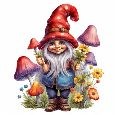 A delightful, hand-drawn clipart image of a friendly female gnome with no beard, dressed in a charming, brightly colored ensemble, sporting a tall, pointy hat, and standing with a welcoming smile, mushrooms and flowers, presented on a transparent backgrou