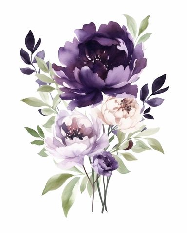 Watercolor Dark Purple Floral Arrangement, Individual Item, Watercolor Floral Composition, pale green Leaves, Plum Peony Flowers Clipart, PNG, a corner flower clipart on pure white background with margins, white background clipart
