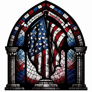 clipart, gothic arch stained glass window with red white blue american flag and liberty bell, mosaic, watercolor, dark cottagecore, white background, hyper detailed