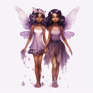 twin cute brown skin fairy girls clipart watercolor purple dress [turnabout] front view, looking at camera cw, 8k, hd v5 line drawing full body length