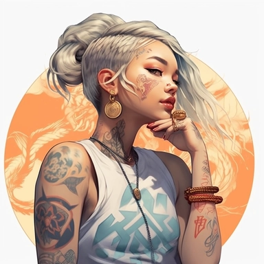 asian girl aesthetics, clipart, high detail, Large hoop earrings, Blonde hair, Tattoos (dragons and Chinese characters), long lashes, Coffin nails, Tube tops, Baggy sweatpants, Shiny lipstick, Digital Art, Color Grading, Full-HD, OpenGL-Shaders, white background