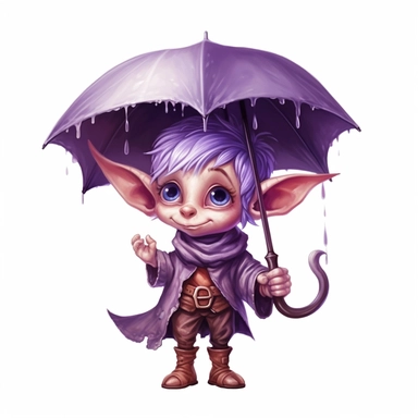 Cute Adorable magical little Elf with big pointed ears holds a umbrella in his hand wears a raincape and stand in the rain on a country road, clipart, photorealistic illustration, watercolor, high detail, 8k polished, 8k, vibrant colors, sticker, majestic, die cut, black and purple color, white background