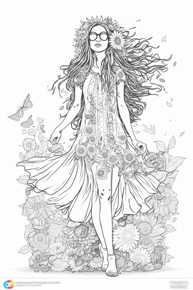 Hippie Girl Full body Clipart Flower Power, vector, illustration, cartoon, marvelous, black and white line art adult coloring page, highly detailed, white background
