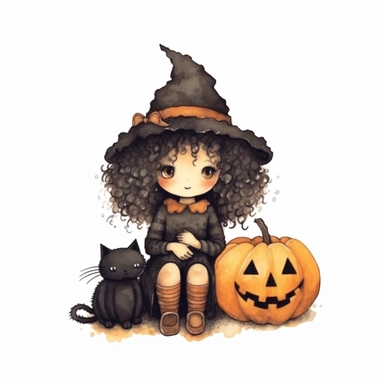 Hand drawn halloween clipart, cute witch and black cat, darla danilova, knitted painting texture, Perfect for nursery art and children's book illustration style ,cute character, single object, png, transparent background, so quite style, white background for removing background - - no text shadow font watermark