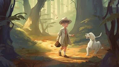 Environment of 8 year boy detective in little hat in forest, 8 year old boy is approached by his great pyrenees dog in the forest who show him the strange footprints that they found and the 8 year old boy agrees to investigate the mystery, classic dress, pixart for kids book, standing on stage, side profile, chibi, kawaii, 2d rendering, octane rendering, volumetric light, highly-detailed symmetric face, detailed eyes, ultra sharp, highest quality, smooth, sharp focus, trending on artforum, behan