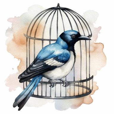 An endearing watercolor Eurasian magpie bird clipart of Eurasian magpie bird in cage 300DPI