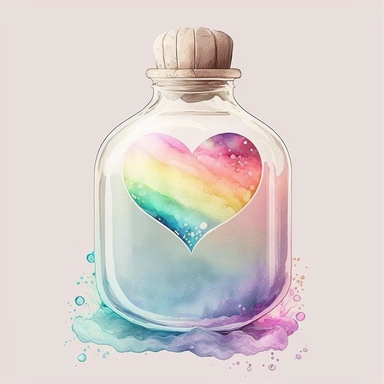 rainbow dream illusion pastel color water white background clear old rustic Heart Bottle classic potion Valentine's Day Clipart vintage watercolorrgb