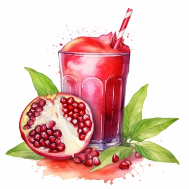 An pomegranate fruit with a straw inserted, as if ready to be juiced or drink , Watercolor, pastels, clipart, beautiful, colourfull, png transparent white background, high resolution, no caption q4 s2