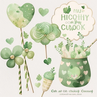 5 st. Patrick candy cliparts with baby props, on paper texture background, simple, cute green colors, boho, baby shower, 8K, high resolution, boho style, watercolor, by chonnieartwork style