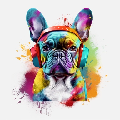 french bulldog, transparent backround,clipart,4k hd,full body,differend positions ,headphone,sunglasses, really really colorful