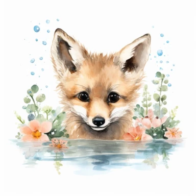 Baby Jackal swimming watercolor Clipart, floral, white background, cute