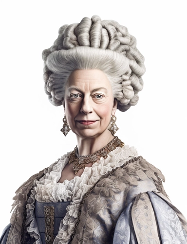 hasselblad 24 mm three quarters shot of a gorgeous realistic Queen Charlotte , clipart, Composition: Relaxed position with intricate high hairstyle, smiling, detailed natural skin, Style: Georgian Colonial, white background, hyperrealism, 32k