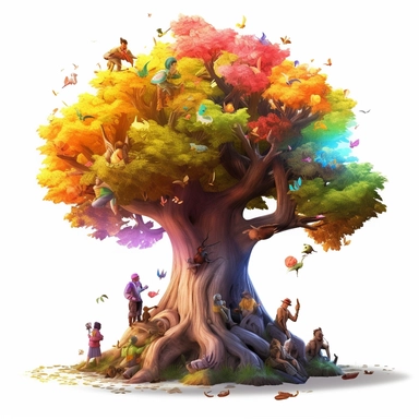 An image of a great magical soul wish tree: under its huge crown in clip art style illustrates the different shadows of incarnations of different ages and backgrounds participating in conversations and social activities, wide angle shot, general shot, dynamic poses, fantasy color, 3d, game engine, creative 96% best artificial intelligence metaphysical work