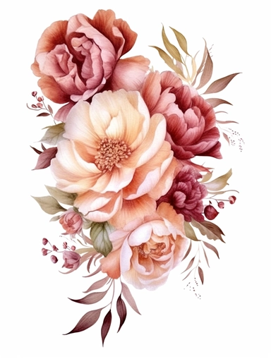 clear watercolor burgundy and peach peonies in corner arrangement border, hyper detailed, high definition, ultra realistic, clipart, white background,