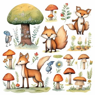 Create a whimsical set of woodland animal clipart featuring creatures like foxes, rabbits and raccoons. Each animal should be depicted in a playful pose with detailed descriptions highlighting their unique features such as bushy tails or pointy ears. The scene takes place in a lush forest setting with trees and flowers creating an enchanting atmosphere. The style is a mix of watercolor and sketch techniques using soft colors to create cute yet artistic look.Use --aspect 4:3 to create images suit
