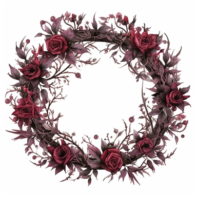 An intricately detailed gothic floral wreath made of thorns and deep burgundy flowers clipart, white background, watercolor drawing