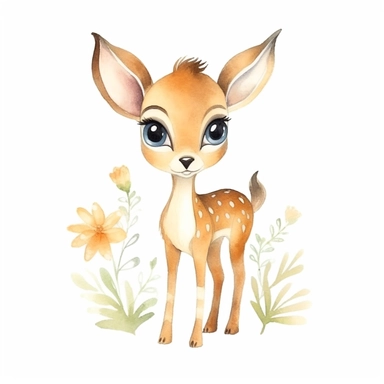 a whimsical baby gazelle with kind eyes clipart with watercolor illustration,full body shot,8k,etsy style, white background