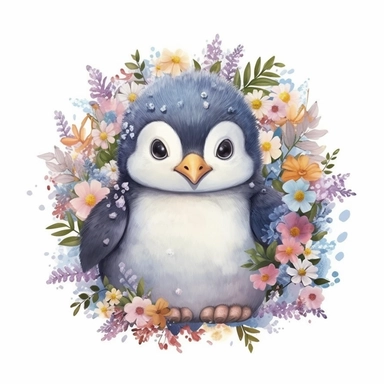 Cute floral illustration, realsitic adorable penguin swimming happy clipart, nursery style clipart, Nursery Animals Art, Kids Wall Art, Kids Room Decor, Baby Room Decor, isolated on white, ultra - detailed, high quality, ghibli style, award winning