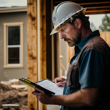 a man in construction outfit looking at a home wiht a clip board and a hard hat