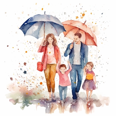 family playing in the rain clipart, watercolor, single design, 8k /s