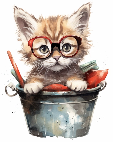 detailed watercolor Kitten in basket with eyeglasses , realistic, isolated on a white background, clipart