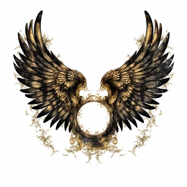 gothic angel wings clipart, with small black halo the middle of the wings, gold colour detail around the black wings white back ground, no text