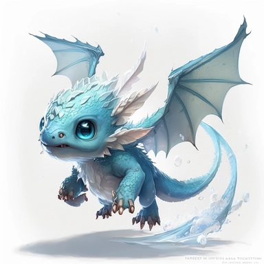 digital watercolour painting of a cute, light-blue baby ice dragon in flight, full body shot, clipart, white background, no background, super cute, long pointed snout, happy, world of warcraft, mcfarlane dragons, how to train your dragon