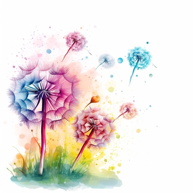 full head dandelions blowing in the wind. Paint Splashes on white background. Pink, purple, yellow, turquoise, green. Clipart