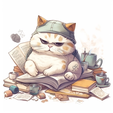 Chubby cartoon cat studying for school, highly detailed, anime, adorable, pastel,clipart