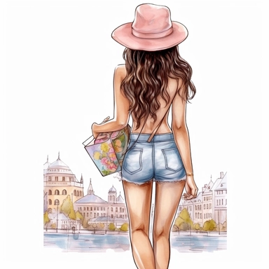 Cute Beautiful Travel Girl Back View Full Body Watercolor Sublimation Clipart,Cartoon,hyper realistic, intricate detail, illustration style,high solution,on the white background, in paris, transparent background
