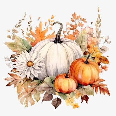 clipart, watercolor, fall flower, pastel pumpkin, feather, gourd, white background