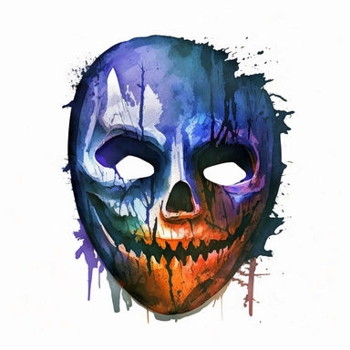 scary halloween mask watercolour tempera clipart illustration, vivid dark colours, clean, crisp, smooth, white background