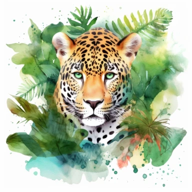 watercolor clipart, white background, Design a printable featuring a stunning jaguar, showcasing its wild beauty amidst the rainforest