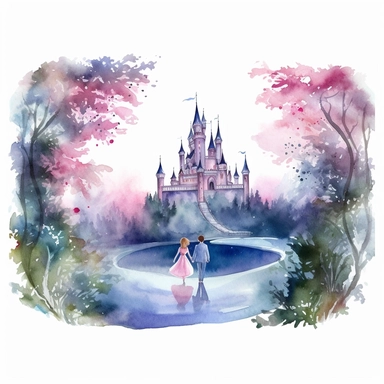 light watercolor tall castle and beauty couple in the moonlight in beautiful forest with bridges, roses, flowers,and lights realistic clipart on white background