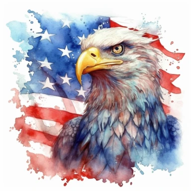 watercolor clipart of Haliaeetus leucocephalus and American flag background kills a dragon