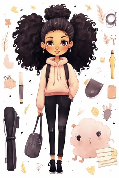 clipart set Cute illustration fashion black woman with collected hair back to school watercolor clipart, full body, Cute kawaii sticker