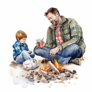 A father and son camping, sitting around a campfire and roasting marshmallows, Watercolor, Clipart, detailed, high resolution, transparent background PNG
