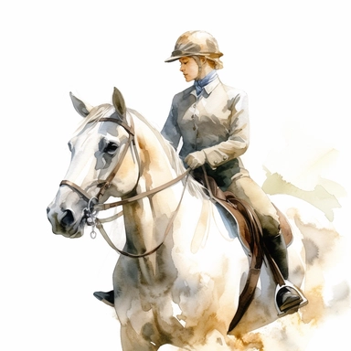 close up view of realistic watercolor drawing of an equestrian on a horse stable, on a white background where the background will be removed to repurpose as a clipart.