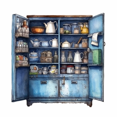 watercolor, hyper realistic, white background, white margins, 16k, ultra detailed clipart, cut out image, hand-drawn vintage blue cupboard with a worn finish, holding a collection of vintage enamelware and tinware.