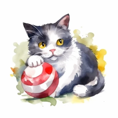 Playful watercolor clipart of a cute cat with a toy ball, capturing the playful and fun side of pets, with vibrant colors and soft details, perfect for a t-shirt design, delightful and charming, high-quality illustration, hand-painted with love, a great addition to any project.