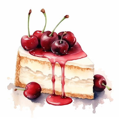 This highly detailed watercolor clipart presents a full cheesecake with a delightful arrangement of cherries on a pristine white background. The artwork showcases the intricate layers of the cheesecake, meticulously rendered with watercolor strokes to capture its creamy texture. The graham cracker crust provides a sturdy foundation, while the creamy filling boasts a velvety appearance. Plump, luscious cherries adorn the top, each one meticulously painted to showcase their vibrant color and gloss