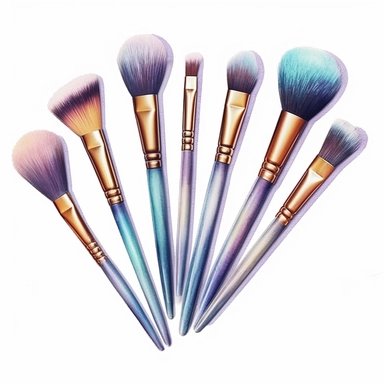 watercolor ultra realistic and hyper detailed illustration of womens pastel makeup brush set, clipart, white background