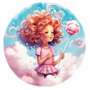 A lone adorable happy girl Eating a cotton candy cloud clipart, adorned with delicate sugar embellishments, her enchanting silhouette captures the whimsical beauty of the Candyland world. Clipart, watercolor, white background, intricate detail, hyper realistic, unreal engine cinematic smooth, ink rendering strong contour