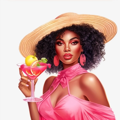 pretty black girl, Sun Straw Hat Wide Brim Summer Hat Foldable Roll up Floppy Beach Hats, pretty, holding a cocktail drink, pink outfit, 4k, hd, clipart