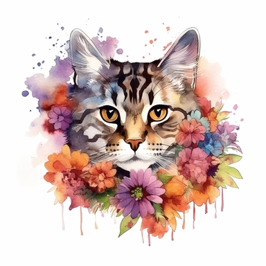 Sokoke Cat with flowers, watercolor, sharp illustration clipart, insane detail, white background
