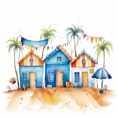 Very cute little houses, whimsical, beach scenery, bohemian style, blue sea and sand, boho style, sun beds, umbrellas, colorful stripes, palm trees, sea shore, 9 High Clipart, cute design in Michael Powell style, Watercolor Art, white background
