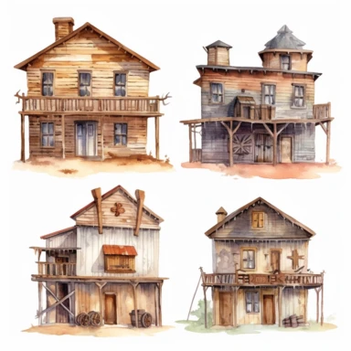 watercolor Old west style buildings, illustrations clipart set, simple, , cartoon elements ,different variants , separate elements with a margin