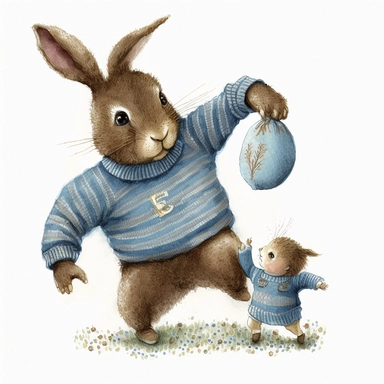 watercolour brown daddy Bunny wearing a blue sweater playing football with a baby bunny wearing a blue jacket by Angela Barrett, big shiny eyes, smilling, expressive faces, fathers day, detailed, clipart, dreamy, delicate, colorful, Watercolor paint, whit