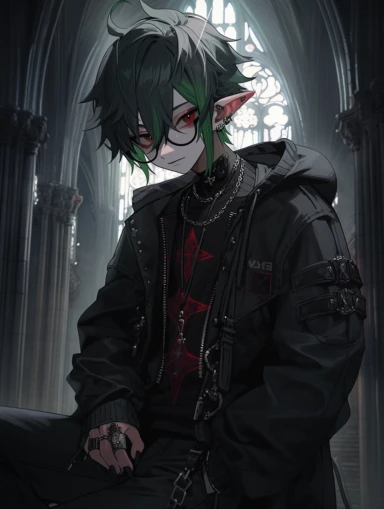 anime boy, messy dark green hair, red eyes, sharp teeth, choker necklace, grey black striped sweater, black pants, hair clip, goth, punk, red, gothic, lip ring, round glasses, pointed ears, vampire, gothic background, church, black jacket, full body, man, male, tattoos, muscular